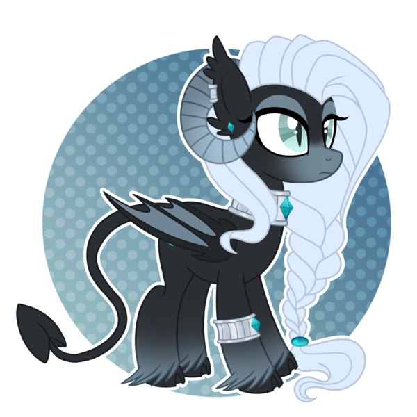 Size: 3500x3500 | Tagged: artist:kazziepones, bat wings, bracelet, braid, cloven hooves, collar, curved horn, demon, demon pony, derpibooru import, ear piercing, earring, ear tufts, jewelry, oc, oc:ebony sin, piercing, safe, simple background, solo, spaded tail, transparent background, unofficial characters only, unshorn fetlocks