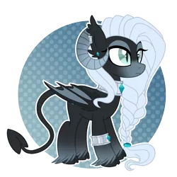 Size: 3500x3500 | Tagged: artist:kazziepones, bat wings, bracelet, braid, cloven hooves, collar, curved horn, demon, demon pony, derpibooru import, ear piercing, earring, ear tufts, jewelry, oc, oc:ebony sin, piercing, safe, simple background, solo, spaded tail, transparent background, unofficial characters only, unshorn fetlocks