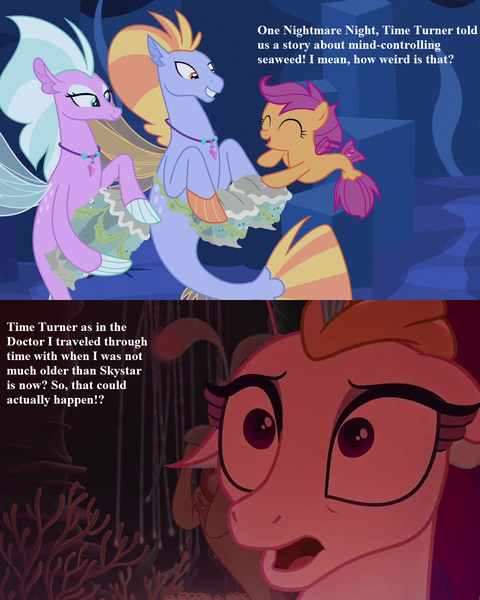 Size: 1024x1280 | Tagged: background sea pony, comic, cropped, derpibooru import, doctor who, drums, edit, edited screencap, fury from the deep, implied doctor whooves, my little pony: the movie, princess skystar, queen novo, safe, scootaloo, screencap, screencap comic, sea-mcs, seaponified, seapony (g4), seapony scootaloo, seaquestria, species swap, surf and/or turf, text