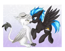 Size: 2098x1663 | Tagged: safe, artist:queenofsilvers, derpibooru import, oc, oc:jacquelyn, oc:nimbus, unofficial characters only, gryphon, pegasus, pony, boop, chest fluff, eared griffon, female, griffon oc, male, oc x oc, shipping