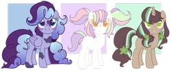 Size: 1024x430 | Tagged: safe, artist:peachjay, derpibooru import, oc, oc:green tea, oc:moon pie, oc:pretty pastel, unofficial characters only, earth pony, pegasus, pony, unicorn, base used, female, mare, simple background, transparent background