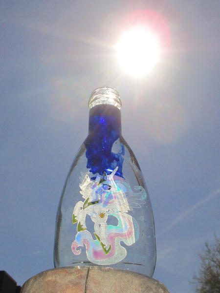 Size: 2106x2807 | Tagged: artist:malte279, derpibooru import, glass, glass bottle, glass engraving, glass painting, inked, princess celestia, safe, sun