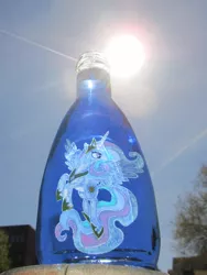 Size: 2686x3580 | Tagged: artist:malte279, derpibooru import, glass, glass bottle, glass engraving, glass painting, inked, irl, photo, princess celestia, safe, sun