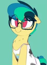 Size: 911x1260 | Tagged: safe, artist:shinodage, derpibooru import, oc, oc:apogee, unofficial characters only, pegasus, pony, chest fluff, clothes, cute, cuteness overload, diageetes, eye clipping through hair, female, filly, floppy ears, freckles, glasses, hnnng, no pupils, ocbetes, shinodage is trying to murder us, solo, tanktop, weapons-grade cute