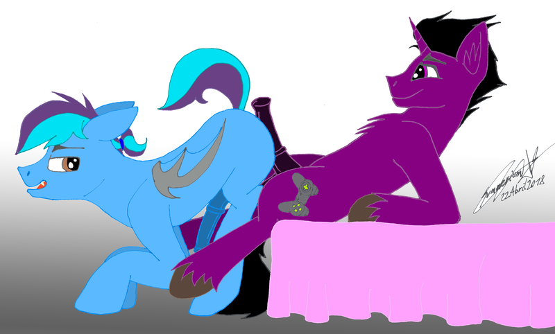 Size: 4459x2688 | Tagged: explicit, artist:summerium, derpibooru import, oc, oc:blast glider, oc:jimmy chap, unofficial characters only, pony, unicorn, balls, bat wings, bed, blue penis, chest fluff, dark genitals, ear fluff, erection, floppy ears, gay, gradient background, horsecock, hotdogging, looking at each other, looking back, male, mixed media, nudity, penis, ponytail, side view, smug, unshorn fetlocks, wings, ych result