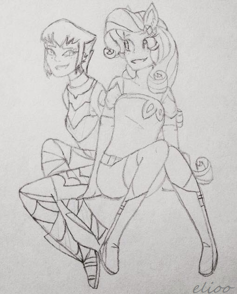 Size: 510x634 | Tagged: safe, artist:elioo, derpibooru import, rarity, equestria girls, crossover, karai, ponied up, sitting, smiling, teenage mutant ninja turtles, tmnt 2012, traditional art