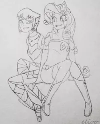 Size: 510x634 | Tagged: safe, artist:elioo, derpibooru import, rarity, equestria girls, crossover, karai, ponied up, sitting, smiling, teenage mutant ninja turtles, tmnt 2012, traditional art