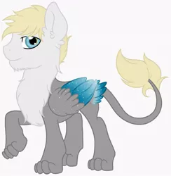 Size: 883x904 | Tagged: artist:sweethearttarot, blue eyes, derpibooru import, folded wings, leonine tail, oc, oc:lionhardt, paws, safe, sphinx, sphinx oc, unofficial characters only, wings