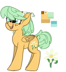 Size: 1016x1112 | Tagged: safe, artist:binkyt11, derpibooru import, oc, oc:daphne, unofficial characters only, pegasus, pony, cutie mark, female, flower, freckles, headband, mare, reference sheet, simple background, smiling, solo, transparent background