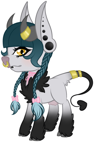 Size: 726x1100 | Tagged: artist:sweethearttarot, bangs, black lipstick, bow, braid, choker, cloven hooves, cow, cow nose, demon, demon pony, demon tail, derpibooru import, donkey, donkey ears, ear piercing, fangs, fluffy, gauges, horns, lipstick, mascot, mule, nose piercing, nose ring, oc, oc:pan, piercing, ribbon, safe, simple background, solo, succubus, transparent background, udder, unofficial characters only, unshorn fetlocks