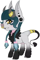 Size: 726x1100 | Tagged: artist:sweethearttarot, bangs, black lipstick, bow, braid, choker, cloven hooves, cow, cow nose, demon, demon pony, demon tail, derpibooru import, donkey, donkey ears, ear piercing, fangs, fluffy, gauges, horns, lipstick, mascot, mule, nose piercing, nose ring, oc, oc:pan, piercing, ribbon, safe, simple background, solo, succubus, transparent background, udder, unofficial characters only, unshorn fetlocks