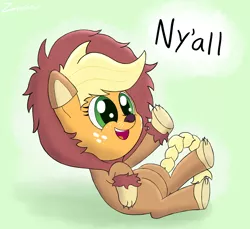 Size: 1944x1782 | Tagged: animal costume, applejack, applelion, artist:zaponator, braided tail, clothes, costume, cute, derpibooru import, fake ears, female, freckles, gradient background, green background, jackabetes, legs in air, nya, on back, open mouth, pun, safe, simple background, smiling, solo, y'all