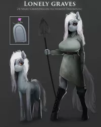 Size: 961x1200 | Tagged: safe, artist:maarthul, derpibooru import, oc, oc:lonely graves, unofficial characters only, anthro, pony, anthro with ponies, female, flower, gravestone, mare, reference sheet, shovel