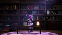 Size: 1920x1080 | Tagged: safe, derpibooru import, twilight sparkle, twilight sparkle (alicorn), alicorn, the maud couple, 3d, animated, book, bookshelf, derp, i never learned to read, lantern, reading, sfm pony, solo, sound, source filmmaker, webm, zoom