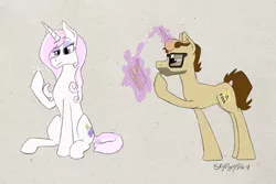 Size: 4500x3000 | Tagged: safe, artist:skydiggitydive, derpibooru import, fleur-de-lis, oc, oc:rough sketch, unicorn, female, glasses, male, mare, meta, notepad, pencil, simple background, sketching, stallion