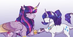 Size: 6000x3084 | Tagged: safe, artist:earthsong9405, deleted from derpibooru, derpibooru import, rarity, twilight sparkle, twilight sparkle (alicorn), alicorn, hybrid, pony, sphinx, arranged marriage au, alternate universe, bracelet, colored hooves, colored wings, curved horn, female, gradient background, horn ring, interspecies, jewelry, leonine tail, lesbian, mane, mare, multicolored wings, necklace, purple background, rarilight, regalia, shipping, simple background, species swap, tail ring, wing claws