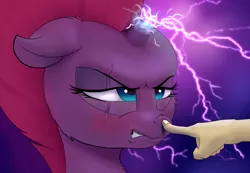 Size: 1200x830 | Tagged: safe, artist:xbi, derpibooru import, tempest shadow, pony, unicorn, my little pony: the movie, angry, blushing, boop, broken horn, eye scar, female, hand, mare, non-consensual booping, now you fucked up, scar, sparking horn, this will end in pain, this will not end well