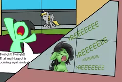 Size: 1000x671 | Tagged: safe, derpibooru import, edit, derpy hooves, oc, oc:anonfilly, behaving like a dog, censored, censored vulgarity, female, filly, greentext, mailmare, pointless censoring, reeee, text, vulgar