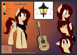 Size: 4288x3064 | Tagged: safe, artist:candel, derpibooru import, oc, oc:candlelight, pegasus, pony, blushing, clothes, confused, flustered, freckles, guitar, happy, male, reference sheet, scarf