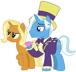 Size: 3803x3595 | Tagged: safe, artist:sketchmcreations, derpibooru import, idw, jack pot, sunflower spectacle, pony, unicorn, grannies gone wild, spoiler:comic, spoiler:comic40, bowtie, clothes, crossed legs, cup, duo, father, father and mother, female, hat, jacktacle, male, mare, mother, mother and father, raised hoof, scrunchy face, simple background, smiling, stallion, suit, teacup, top hat, transparent background, trixie's parents, vector