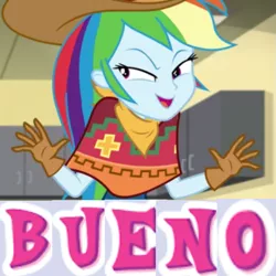 Size: 693x694 | Tagged: safe, derpibooru import, edit, edited screencap, screencap, rainbow dash, dance magic, equestria girls, spoiler:eqg specials, bueno, caption, cropped, expand dong, exploitable meme, image macro, meme, solo, spanish