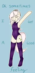 Size: 3580x7335 | Tagged: safe, artist:nero9, derpibooru import, oc, oc:rocky rose, unofficial characters only, semi-anthro, unicorn, armpits, avicii, clothes, cute, etta james, female, flo rida, good feeling, latex, latex suit, levels, lyrics, ocbetes, one-piece swimsuit, open-back swimsuit, solo, something's got a hold of me, song reference, stockings, swimsuit, text, thigh highs