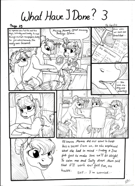 Size: 2550x3506 | Tagged: artist:lupiarts, black and white, comic, comic:what have i done, daughter, derpibooru import, dramatic, eating, female, grayscale, job, monochrome, newspaper, oc, oc:camilla curtain, oc:chess, oc:roselyn bloom, oc:sally, pencil, sad, safe, sisters, speech bubble, story, traditional art, unofficial characters only