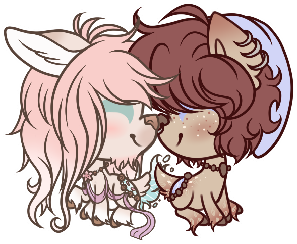 Size: 589x483 | Tagged: artist:sweethearttarot, beanie, beard, blushing, commission, couple, derpibooru import, facial hair, fawn pond, flower, freckles, hat, leafs, nose piercing, nose ring, oc, original species, piercing, pond pony, ribbon, safe, simple background, transparent background, unofficial characters only