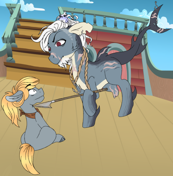 Size: 888x899 | Tagged: anchor, artist:sweethearttarot, bandana, bird, boat, derpibooru import, harpoon, oc, oc:carter, original species, rope, safe, scar, shark pony