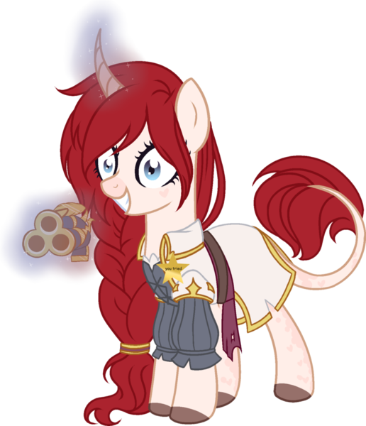 Size: 829x964 | Tagged: artist:sweethearttarot, chaostrical, commission, crazy eyes, curved horn, derpibooru import, gun, league of legends, magic, miss fortune, oc, outfit, simple background, solo, stars, suggestive, transparent background, unofficial characters only, weapon, you tried