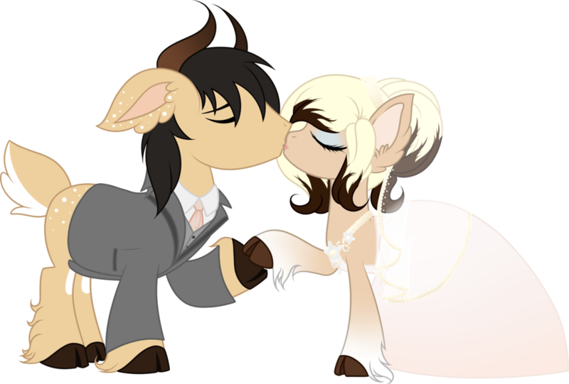 Size: 1024x692 | Tagged: artist:sweethearttarot, clothes, cloven hooves, deer tail, derpibooru import, dress, female, hair bun, horns, male, marriage, necktie, oc, oc:toxijen, safe, simple background, straight, suit, transparent background, unofficial characters only, unshorn fetlocks, wedding