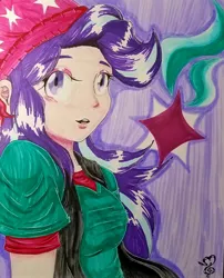 Size: 2610x3236 | Tagged: safe, artist:kenishra, derpibooru import, starlight glimmer, human, beanie, clothes, cutie mark, equestria girls outfit, hat, humanized, light skin, solo, traditional art, vest