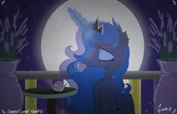 Size: 3500x2250 | Tagged: safe, artist:darkest-lunar-flower, derpibooru import, princess luna, alicorn, pony, chest fluff, cup, eyes closed, female, food, magic, mare, moon, night, sitting, solo, tea, teacup, telekinesis, wings