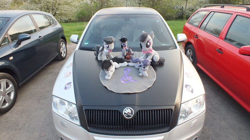 Size: 4608x2592 | Tagged: safe, derpibooru import, octavia melody, earth pony, pony, background pony, bowtie, car, cello, crossed hooves, crossed legs, female, irl, mare, musical instrument, namesake, photo, plushie, pun, skoda, skoda octavia, solo, sticker, toy, treble clef