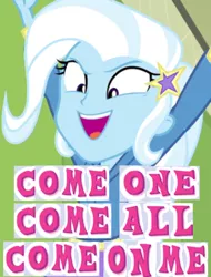 Size: 700x920 | Tagged: suggestive, derpibooru import, edit, edited screencap, screencap, trixie, equestria girls, equestria girls series, forgotten friendship, caption, cropped, expand dong, exploitable meme, image macro, meme, solo, trixie yells at everything, youtube poop