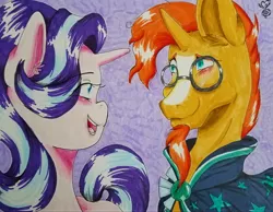 Size: 3692x2865 | Tagged: safe, artist:kenishra, derpibooru import, starlight glimmer, sunburst, pony, unicorn, best friends, blushing, cape, clothes, facial hair, glasses, goatee, open mouth, smiling, traditional art