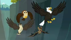 Size: 1280x720 | Tagged: animal, bald eagle, bat, bird of prey, derpibooru import, eagle, falcon, flying, ghastly gorge, gorge, may the best pet win, owl, peregrine falcon, safe, scared, screencap, spread wings, wings