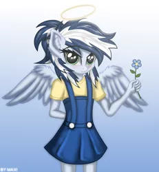 Size: 1764x1907 | Tagged: safe, artist:maxiclouds, derpibooru import, oc, oc:maxi, unofficial characters only, anthro, pegasus, arm behind back, blushing, clothes, cute, denim, denim skirt, dress, female, flower, gradient background, halo, image, looking at you, nimbus, ocbetes, png, shirt, skirt, smiling, solo, wings