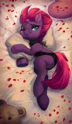 Size: 1215x2100 | Tagged: suggestive, artist:locksto, derpibooru import, fizzlepop berrytwist, tempest shadow, pony, unicorn, my little pony: the movie, adorasexy, backless, broken horn, clothes, cute, eye scar, female, hug, laying on bed, looking back, mare, open-back sweater, pillow, pillow hug, scar, sexy, side, sleeveless sweater, smiling, solo, solo female, sweater, teddy bear, tempestbetes, virgin killer sweater