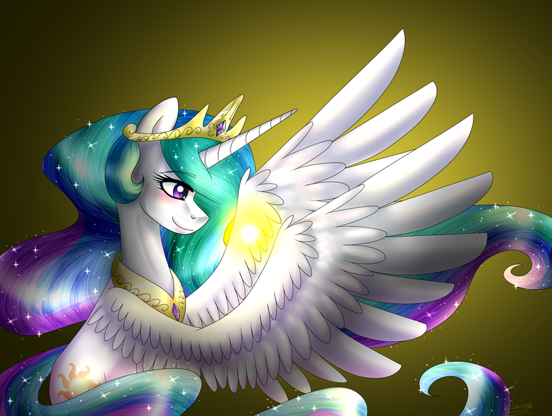 Size: 2280x1720 | Tagged: safe, artist:lada03, derpibooru import, princess celestia, alicorn, pony, female, mare, praise the sun, smiling, solo, sun, tangible heavenly object, wing hands