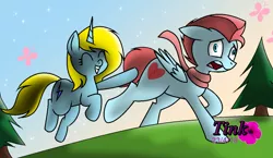 Size: 1132x658 | Tagged: safe, artist:pencil bolt, derpibooru import, oc, oc:betterry, oc:boomber light, butterfly, pegasus, pony, unicorn, pony town, escape, everfree forest, female, grass, landing, male, run, running, screaming, smiling, sparkles, stars, touching, tree