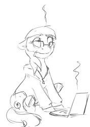 Size: 1000x1414 | Tagged: safe, artist:silfoe, derpibooru import, oc, oc:silfoe, earth pony, pony, black and white, clothes, computer, derp, description is relevant, female, glasses, grayscale, laptop computer, mare, monochrome, simple background, sitting, smoke, solo, white background