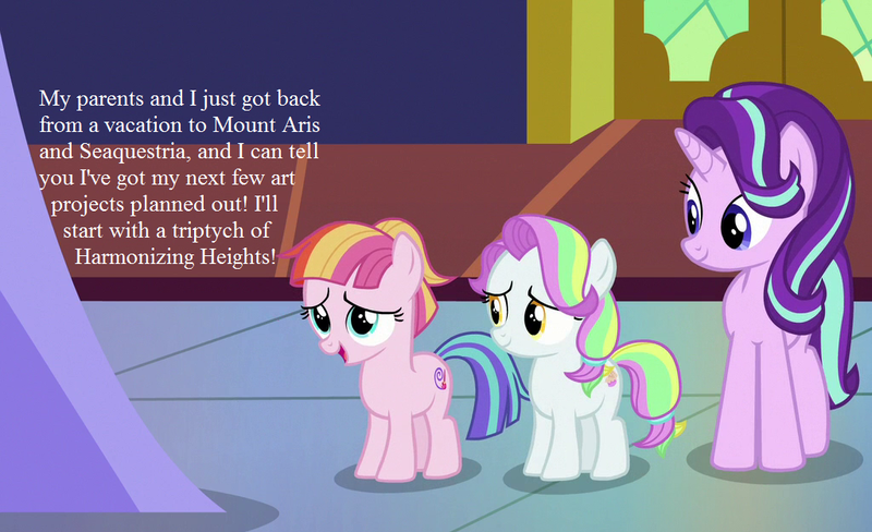 Size: 1024x625 | Tagged: coconut cream, cropped, derpibooru import, edit, edited screencap, fame and misfortune, safe, screencap, starlight glimmer, surf and/or turf, text, toola roola, toola roola will be painting away, twilight's castle