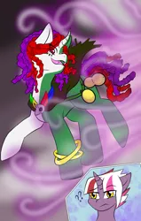 Size: 2412x3788 | Tagged: safe, artist:jolliapplegirl, derpibooru import, oc, oc:hazy sky, oc:witch doctor, unicorn, adopted offspring, colt, fangs, female, foal, male, mare, mist, next generation, parent:twilight sparkle, smoke, story included