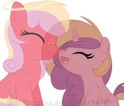 Size: 1313x1123 | Tagged: safe, artist:ipandacakes, derpibooru import, oc, oc:ambrosia, oc:gala blossom, unofficial characters only, earth pony, ghost, pony, unicorn, female, mare, nuzzling, offspring, parent:big macintosh, parent:cheerilee, parent:sugar belle, parents:cheerimac, parents:sugarmac, simple background, transparent background