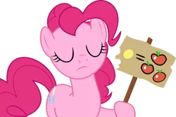 Size: 1024x685 | Tagged: safe, artist:themixelfan, derpibooru import, pinkie pie, pony, putting your hoof down, apple, bit, coin, food, hoof hold, sign, simple background, solo, transparent background, vector