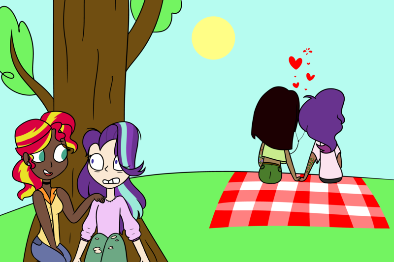 Size: 8267x5511 | Tagged: safe, artist:icey-wicey-1517, artist:rainelathepegasus00, derpibooru import, starlight glimmer, sunset shimmer, oc, oc:evening glitter, oc:white lilly, human, icey-verse, absurd resolution, blanket, choker, clothes, collaboration, colored, dark skin, ear piercing, earbuds, earring, evening lilly, female, heart, hiding, holding hands, humanized, jeans, jewelry, lesbian, magical lesbian spawn, oc x oc, offspring, open mouth, panic, panicking, pants, parent:applejack, parent:starlight glimmer, parent:strawberry sunrise, parent:sunset shimmer, parents:applerise, parents:shimmerglimmer, picnic, picnic blanket, piercing, shimmerglimmer, shipping, sun, tattoo, torn clothes, tree