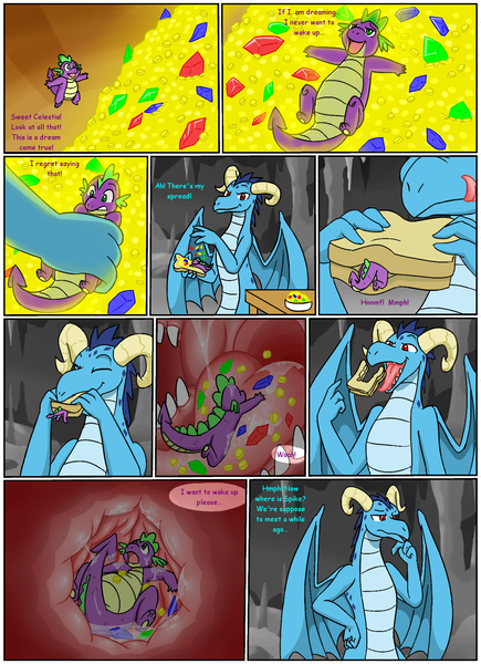 Size: 1226x1692 | Tagged: accidental vore, artist:livinlovindude, comic, derpibooru import, dragon, eating, empred, fetish, food, gem, internal, princess ember, questionable, sandwich, spike, spikeprey, stomach, treasure, unaware vore, vore