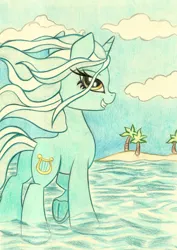 Size: 1131x1600 | Tagged: safe, artist:pedrohander, derpibooru import, lyra heartstrings, pony, unicorn, beach, female, horn, looking at you, looking back, looking back at you, mare, ocean, solo, traditional art, underhoof, water
