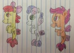 Size: 3145x2272 | Tagged: apple bloom, artist:smurfettyblue, cutie mark crusaders, derpibooru import, lined paper, safe, scootaloo, sea-mcs, seaponified, seapony apple bloom, seapony (g4), seapony scootaloo, seapony sweetie belle, species swap, surf and/or turf, sweetie belle, traditional art